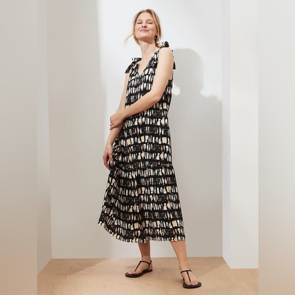 TIE-SHOULDER DROP WAIST MIDI DRESS